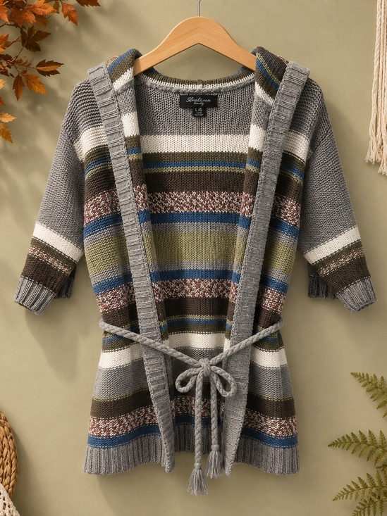 Streetwear Society Sweaters - Streetwear Society Hooded Striped Belted Cardigan Sweater L 22” PTP Boho